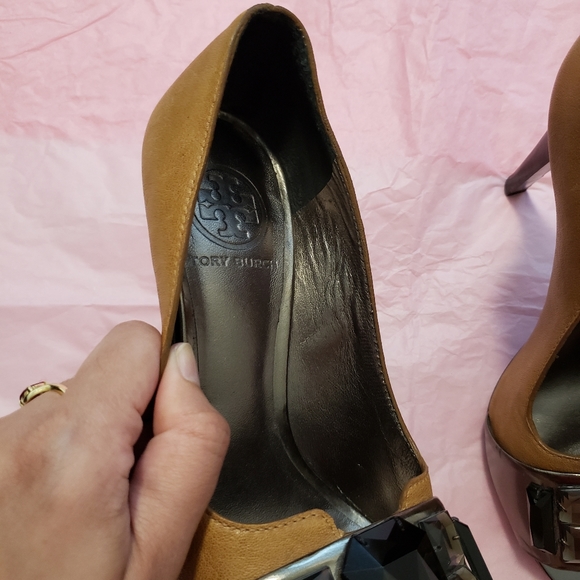 Tory Burch Embellished Peep-toe Brown Pumps size 5.5 - Picture 5 of 14